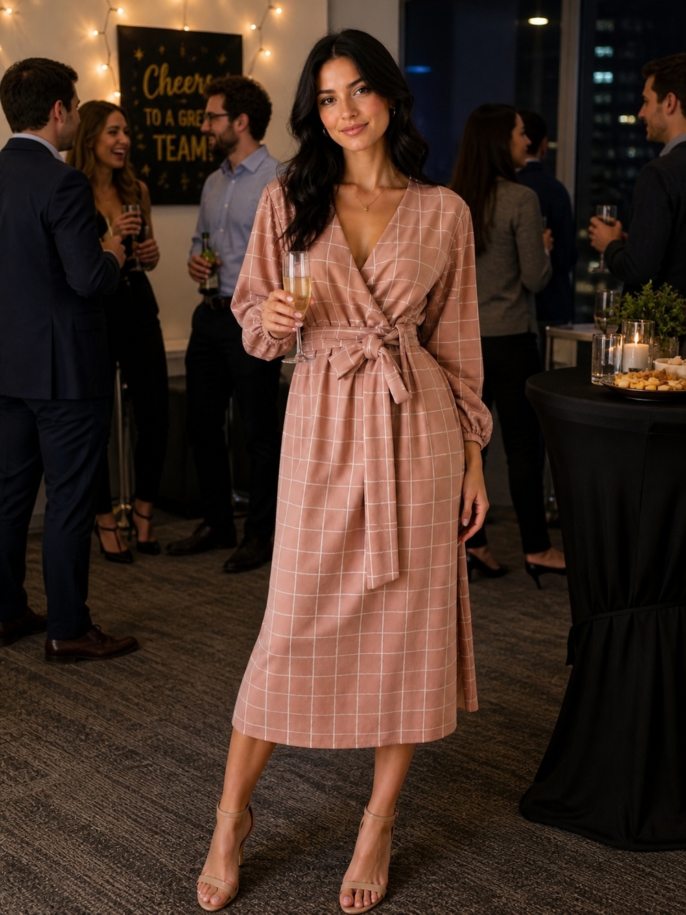 Mauve Pink Windowpane Wrap Midi Dress Large